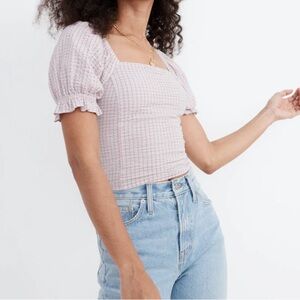 Madewell Seersucker Hopewell Puff-Sleeve Crop Top in Provence Grape plaid (Sz L)